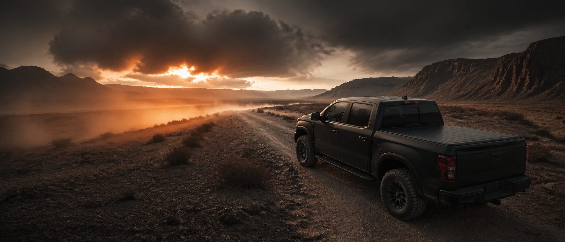 Black pickup truck with premium tonneau cover on dramatic desert highway at dusk, Truck Cover brand imagery