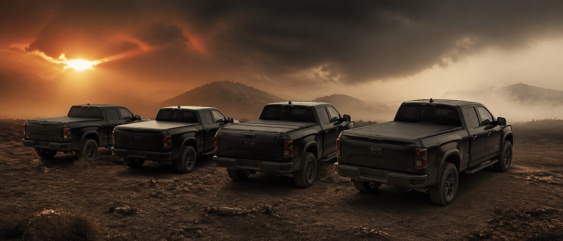 Four black pickup trucks with tonneau covers aligned at sunrise on open desert terrain, Truck Cover dealer imagery